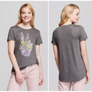 Modern Lux Shirt Womens Small Gray Short Sleeve Round Neck Peace Sign Pullover M